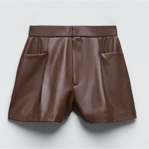 Zara Sz L Brown Faux Leather High Rise Shorts Vegan Stretch Pockets NWT NEW - Picture 3 of 16